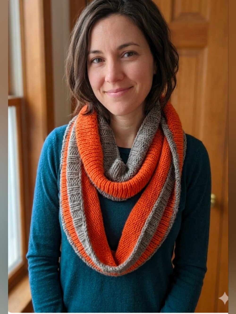 Handmade Orange and Taupe Gray Knit Infinity Scarf Wool Blend Yarn OS
